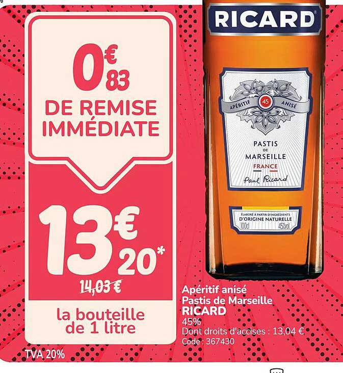 Apéritif anisé Pastis de Marseille RICARD 45%