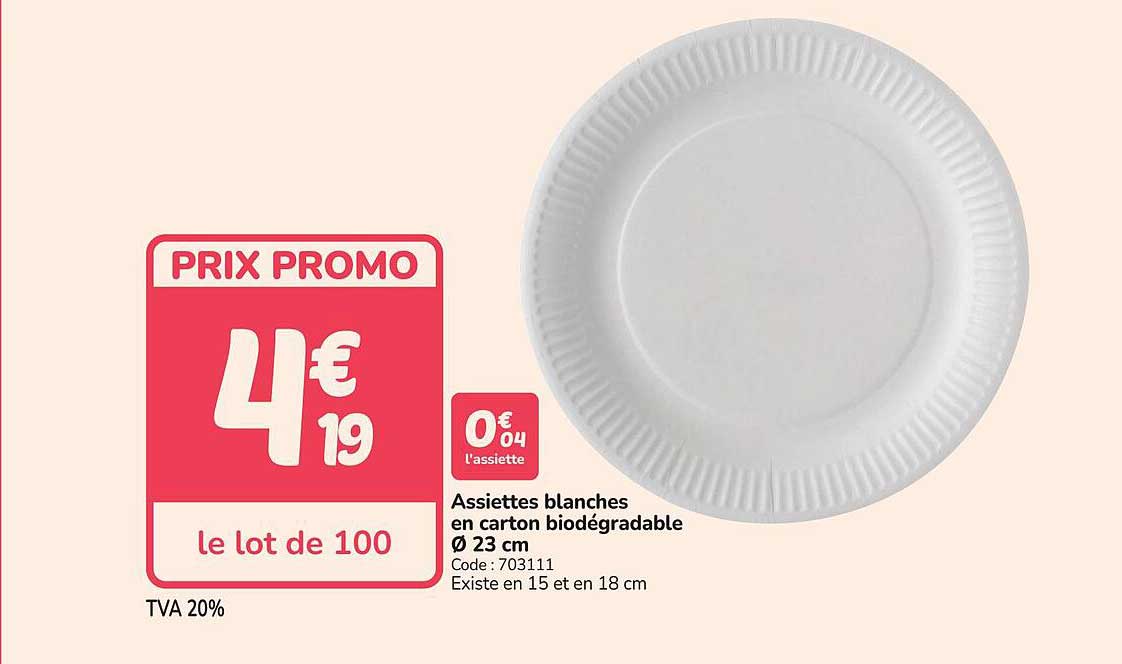Assiettes blanches en carton biodégradable Ø 23 cm