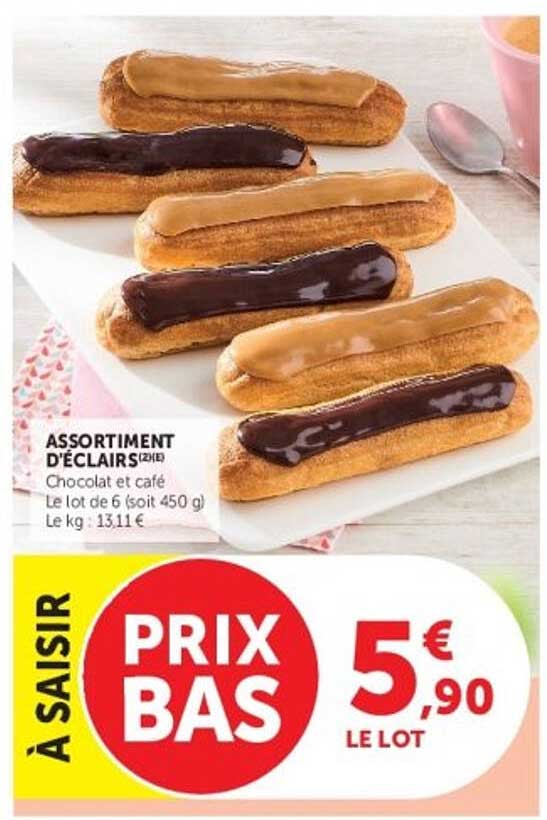 ASSORTIMENT D'ÉCLAIRS Chocolat et café Le lot de 6 (soit 450 g) Le kg : 13,11 €