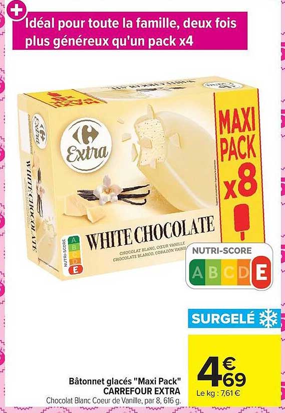 Bâtonnet glacés "Maxi Pack" CARREFOUR EXTRA Chocolat Blanc Coeur de Vanille, par 8, 616 g.