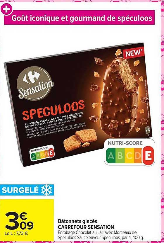 Bâtonnets glacés CARREFOUR SENSATION Enrobage Chocolat au Lait avec Morceaux de Speculoos Sauce Saveur Speculoos, par 4, 400 g.