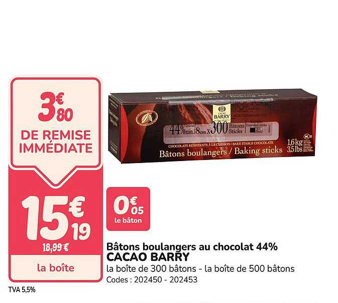 Bâtons boulangers au chocolat 44% CACAO BARRY