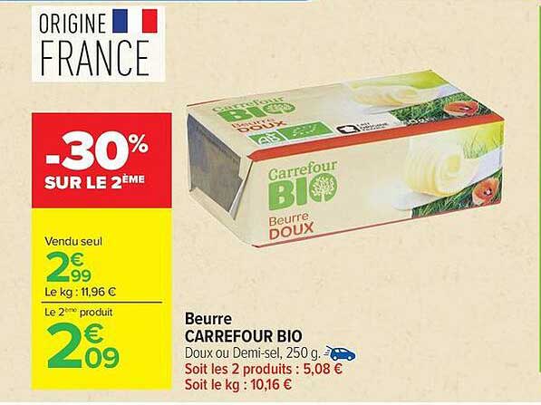 Beurre CARREFOUR BIO Doux ou Demi-sel, 250 g
