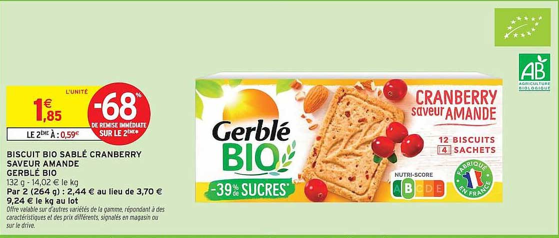 BISCUIT BIO SABLÉ CRANBERRY SAVEUR AMANDE GERBLÉ BIO