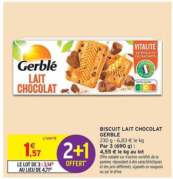 BISCUIT LAIT CHOCOLAT GERBLÉ 230 g - 6,83 € le kg Par 3 (690 g) : 4,55 € le kg au lot