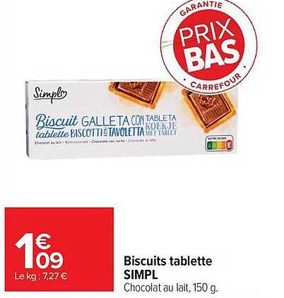 Biscuits tablette SIMPL Chocolat au lait, 150 g.