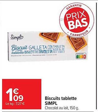 Biscuits tablette SIMPL Chocolat au lait, 150 g.