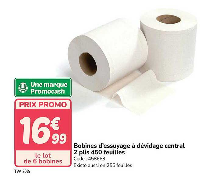 Bobines d'essuyage à dévidage central 2 plis 450 feuilles