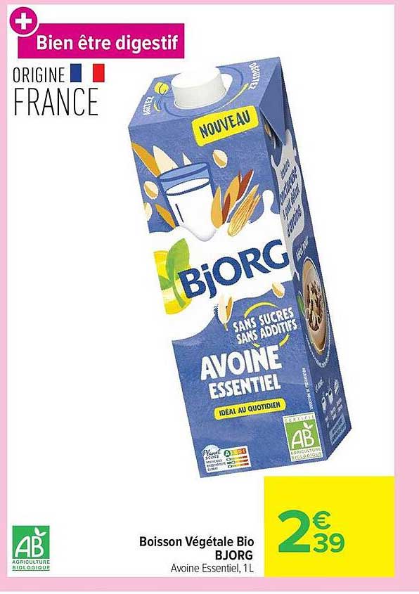 Boisson Végétale Bio BJORG Avoine Essentiel, 1L
