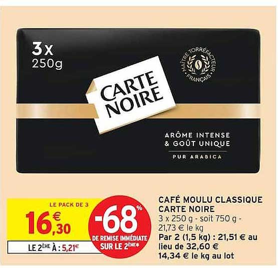 CAFÉ MOULU CLASSIQUE CARTE NOIRE 3 x 250 g - soit 750 g