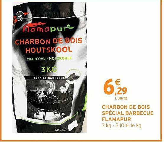 CHARBON DE BOIS SPÉCIAL BARBECUE FLAMAPUR 3 kg - 2,10 € le kg