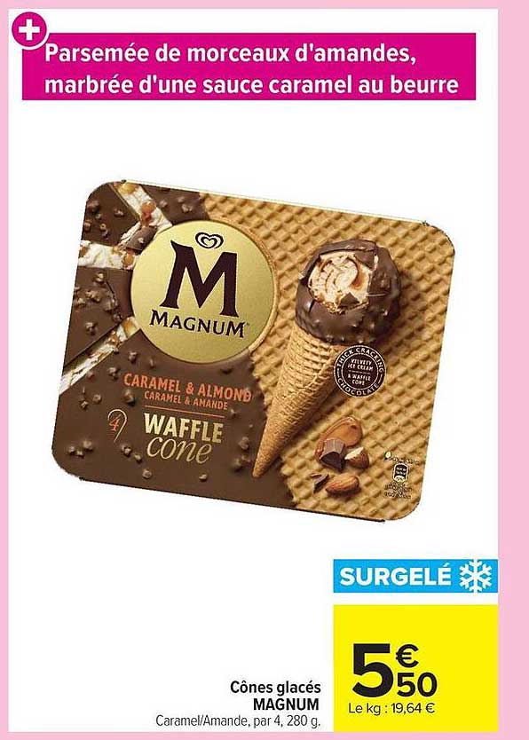 Cônes glacés MAGNUM Caramel/Amande, par 4, 280 g.
