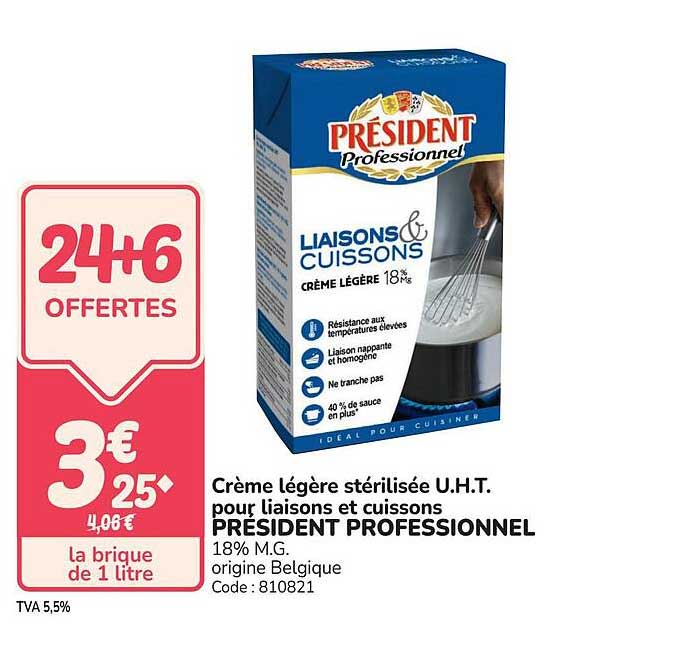 Crème légère stérilisée U.H.T. pour liaisons et cuissons PRÉSIDENT PROFESSIONNEL