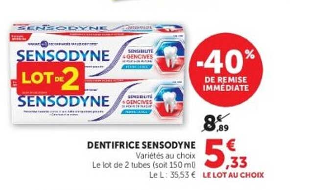 DENTIFRICE SENSODYNE Variétés au choix Le lot de 2 tubes (soit 150 ml)
