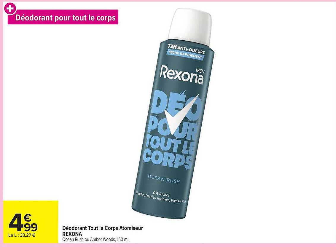 Déodorant Tout le Corps Atomiseur REXONA Ocean Rush ou Amber Woods, 150 ml.