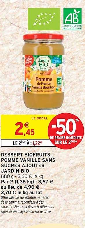 DESSERT BIOFRUITS POMME VANILLE SANS SUCRES AJOUTÉS JARDIN BIO