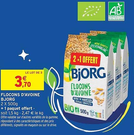 FLOCONS D'AVOINE BJORG 2 x 500g + 1 paquet offert