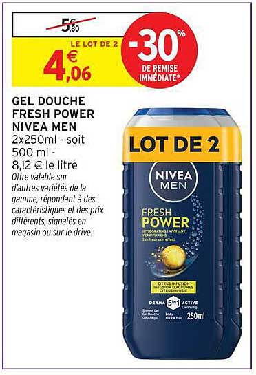 GEL DOUCHE FRESH POWER NIVEA MEN 2x250ml - soit 500 ml