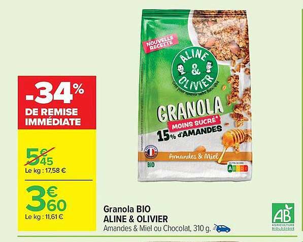 Granola BIO ALINE & OLIVIER Amandes & Miel ou Chocolat, 310 g.