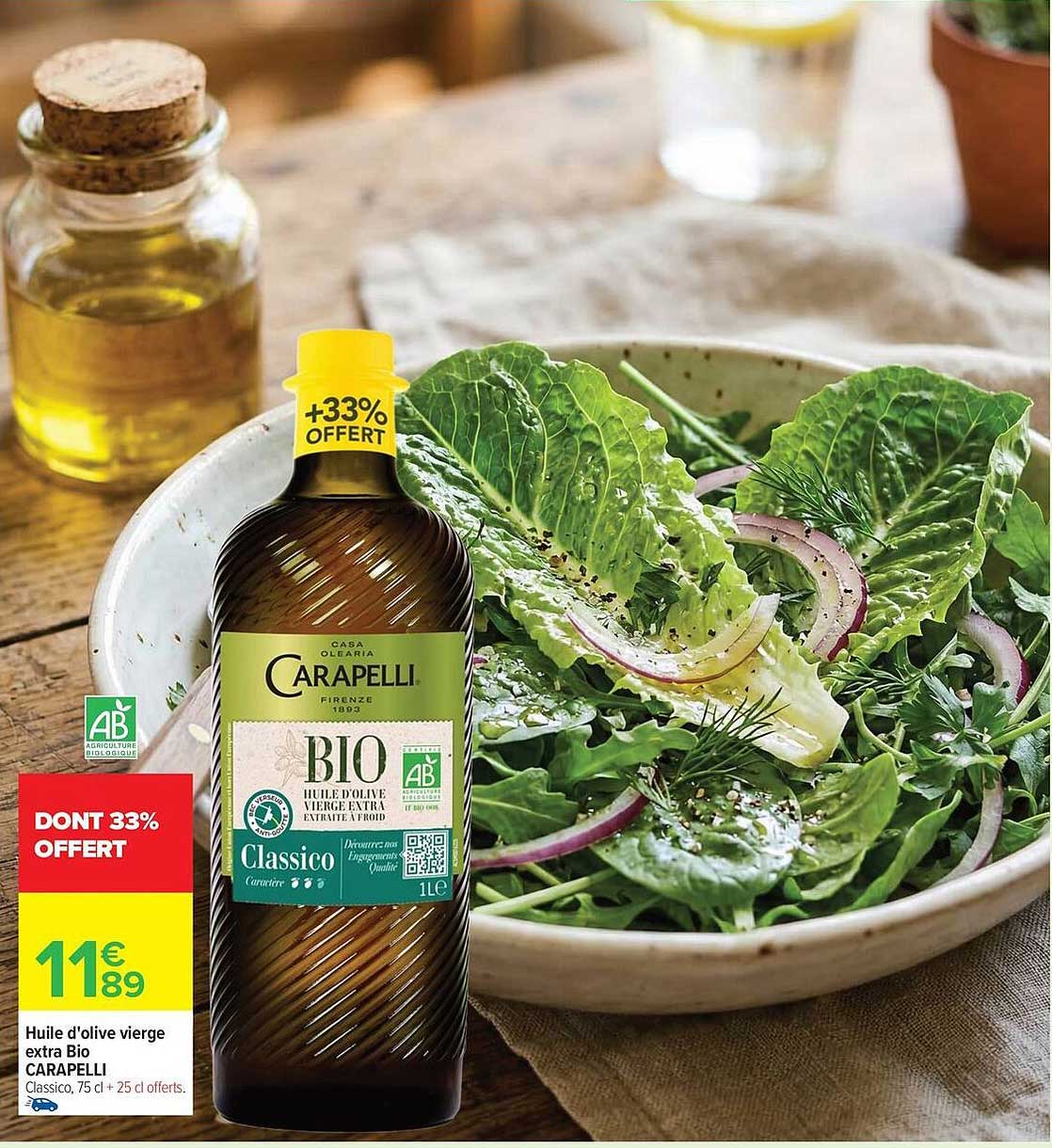 Huile d'olive vierge extra Bio CARAPELLI Classico, 75 cl + 25 cl offerts.