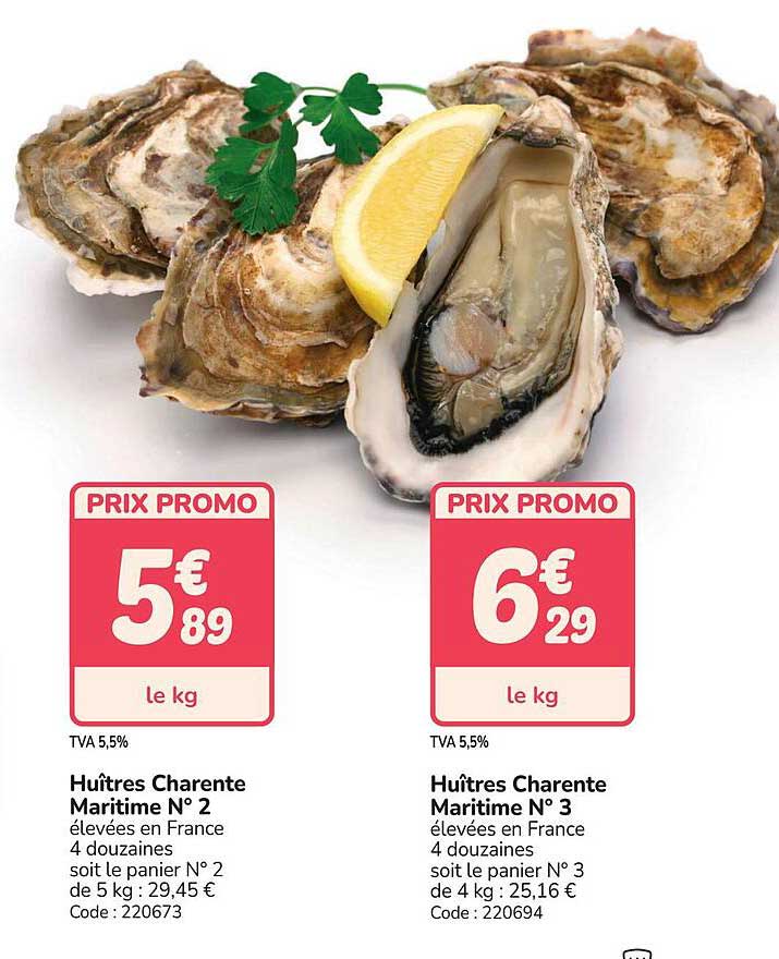 Huîtres Charente Maritime N° 2 élevées en France 4 douzaines soit le panier N° 2 de 5 kg