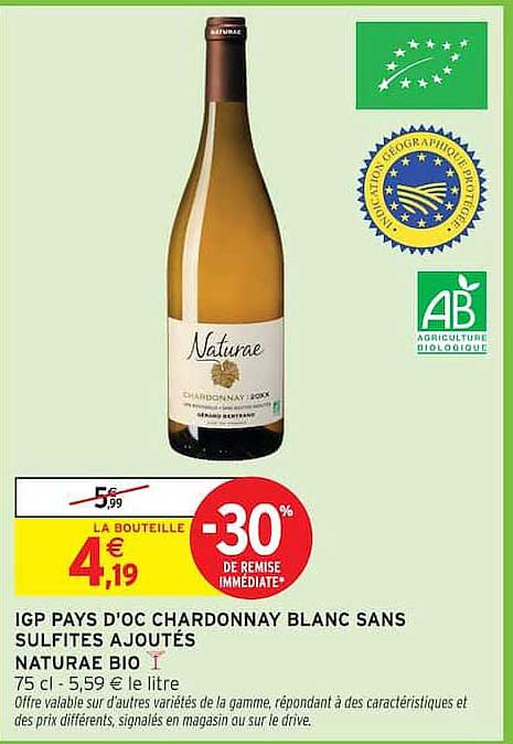 IGP PAYS D'OC CHARDONNAY BLANC SANS SULFITES AJOUTÉS NATURAE BIO