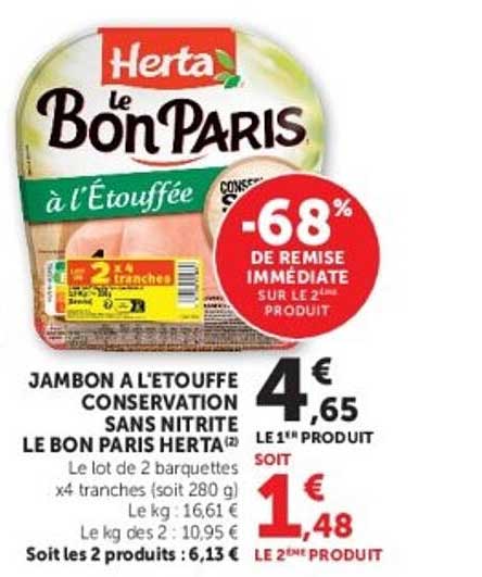 Promo Jambon A L'etouffee Conservation Sans Nitrite Le Bon Paris Herta ...