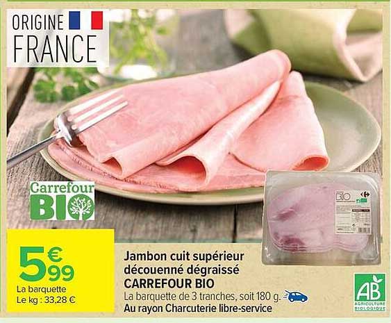 Jambon cuit supérieur découenné dégraissé CARREFOUR BIO