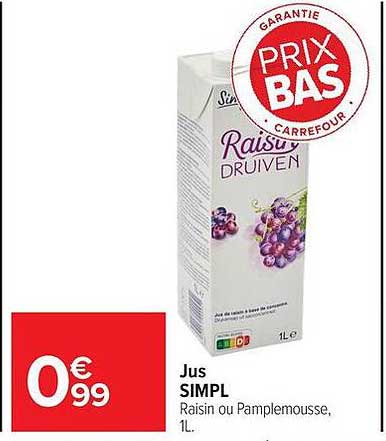 Jus SIMPL Raisin ou Pamplemousse, 1L.