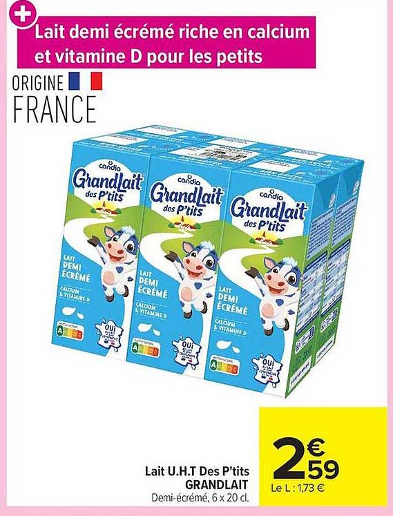Lait demi écrémé riche en calcium et vitamine D pour les petits