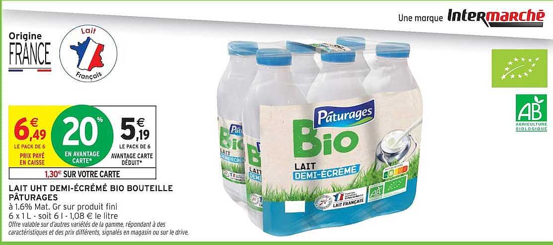 LAIT UHT DEMI-ÉCRÉMÉ BIO BOUTEILLE PÂTURAGES