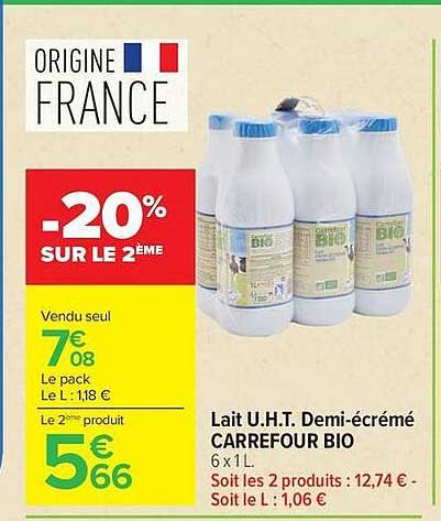 Lait U.H.T. Demi-écrémé CARREFOUR BIO 6 x 1 L.