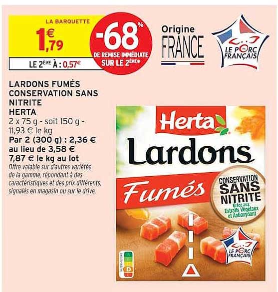 Promo Lardons Fumés Conservation Sans Nitrite Herta chez Intermarché ...