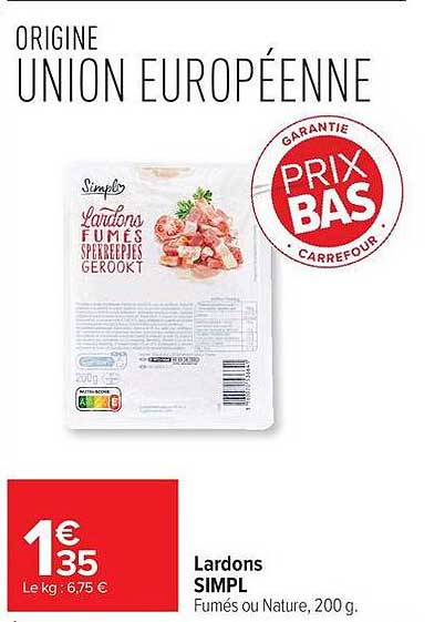 Lardons SIMPL Fumés ou Nature, 200 g.