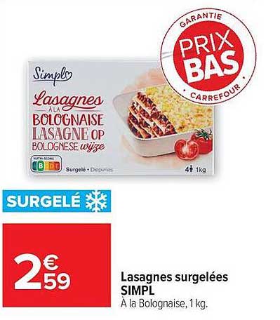 Lasagnes surgelées SIMPL À la Bolognaise, 1 kg.