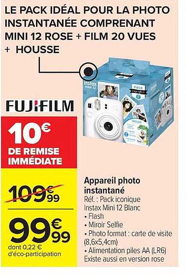 LE PACK IDÉAL POUR LA PHOTO INSTANTANÉE COMPRENANT MINI 12 ROSE + FILM 20 VUES + HOUSSE