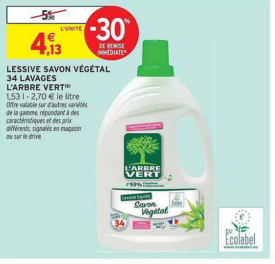 LESSIVE SAVON VÉGÉTAL 34 LAVAGES L'ARBRE VERT(b)