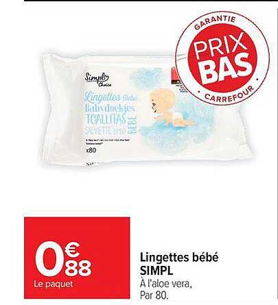 Lingettes bébé SIMPL À l'aloe vera, Par 80.
