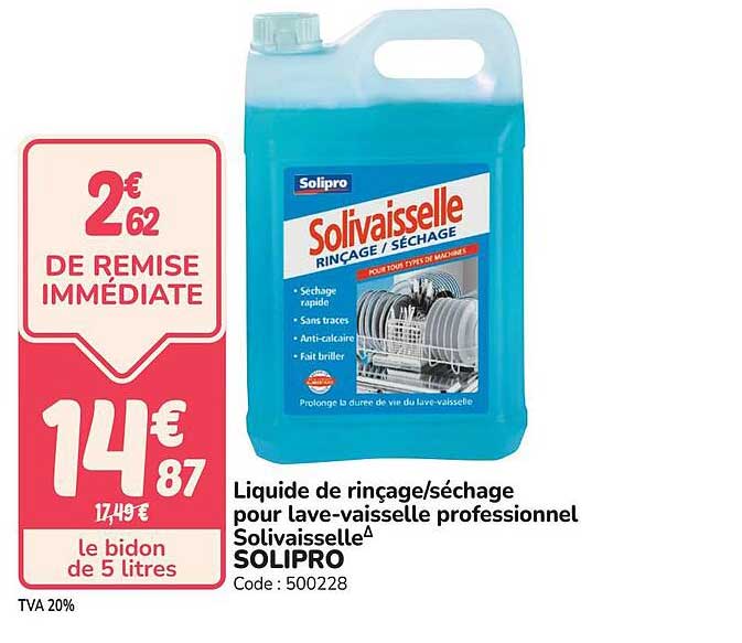 Liquide de rinçage/séchage pour lave-vaisselle professionnel Solivaisselle SOLIPRO