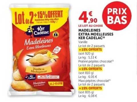 Lot de 2 +15% OFFERT Madeleines Extra Moelleuses Ker Cadélac