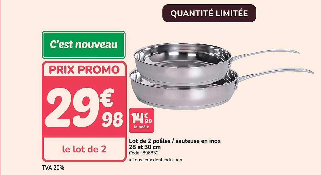 Lot de 2 poêles / sauteuse en inox 28 et 30 cm