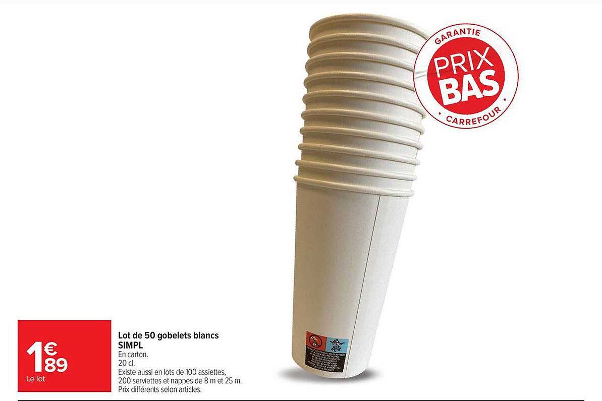 Lot de 50 gobelets blancs SIMPL