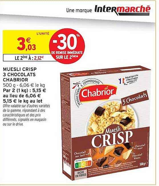 MUESLI CRISP 3 CHOCOLATS CHABRIOR