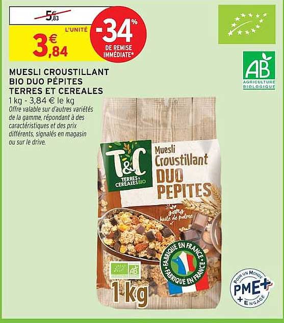 MUESLI CROUSTILLANT BIO DUO PÉPITES TERRES ET CEREALES