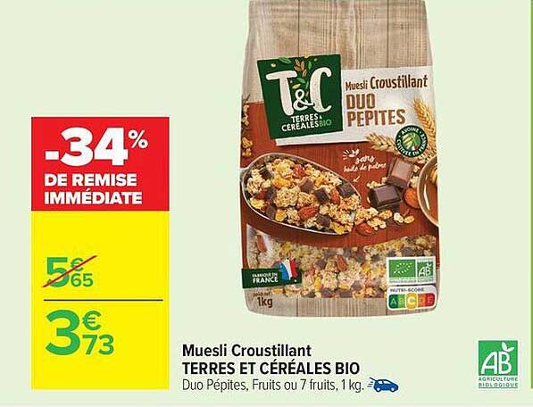 Muesli Croustillant TERRES ET CÉRÉALES BIO Duo Pépites, Fruits ou 7 fruits, 1 kg.