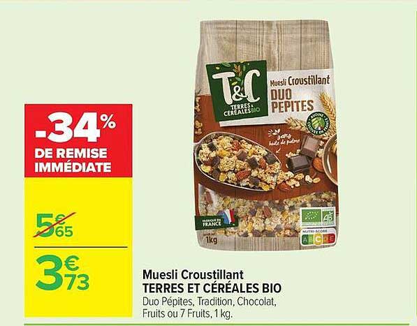 Muesli Croustillant TERRES ET CÉRÉALES BIO Duo Pépites, Tradition, Chocolat, Fruits ou 7 Fruits, 1 kg.
