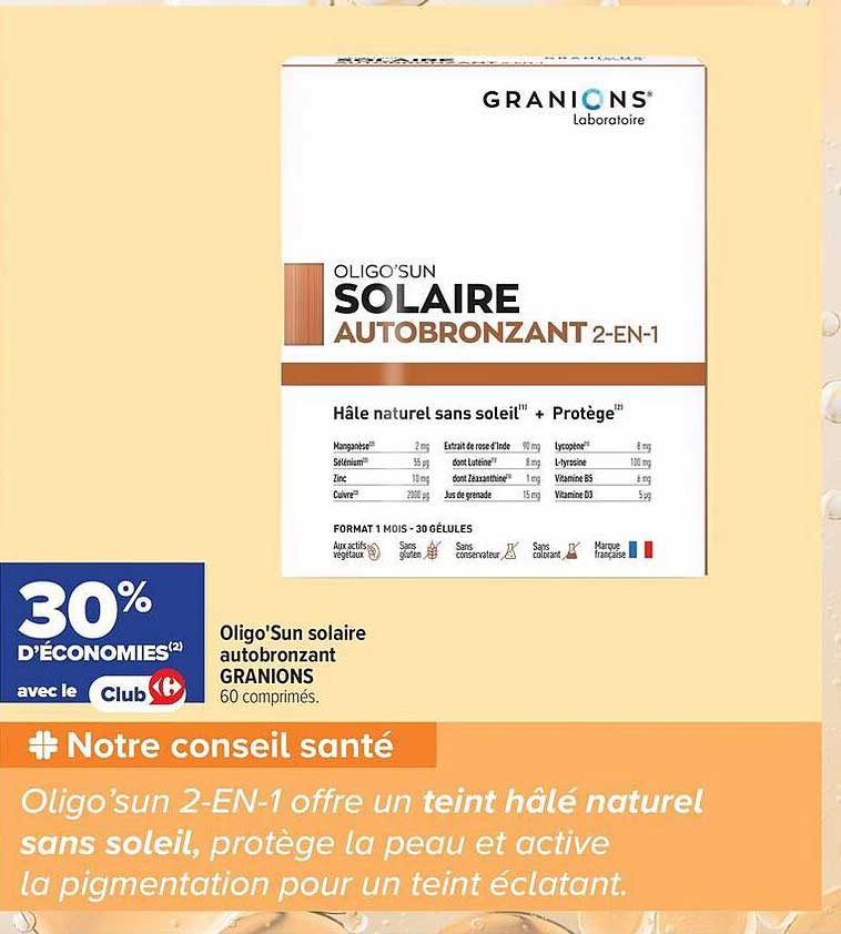 Oligo'Sun solaire autobronzant GRANIONS 60 comprimés.