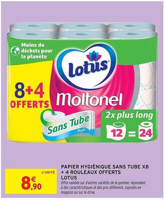 PAPIER HYGIÉNIQUE SANS TUBE X8 + 4 ROULEAUX OFFERTS LOTUS