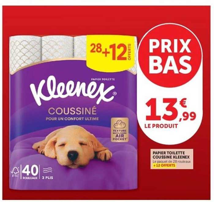 PAPIER TOILETTE COUSSINE KLEENEX Le paquet de 28 rouleaux +12 offerts