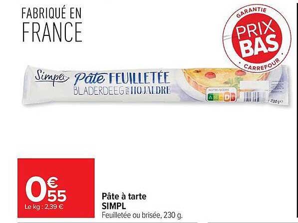 Pâte à tarte SIMPL Feuilletée ou brisée, 230 g.